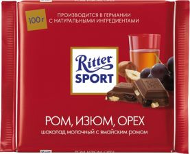 Шоколад RITTER SPORT Молочный с лесным орехом, ромом и изюмом 100г